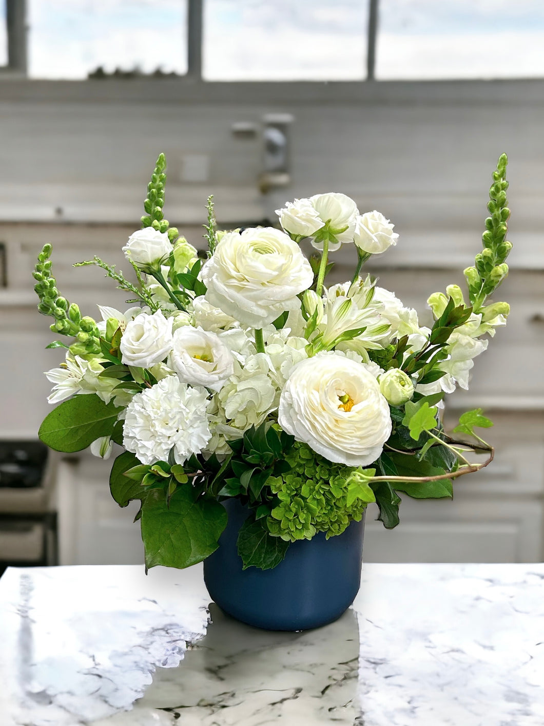 Midnight Blooms Centerpiece with ranunculus